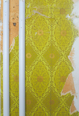 Layers of torn wallpaper with pipes and spider web in need of DIY