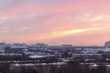 City landscape at dawn, sunrise with beautiful skyline and buildings. Urban landscape in the morning