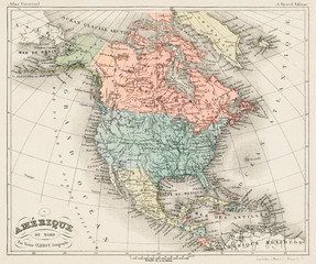 Old map North America, Amerique du Nord from Atlas Universel by Arthème Fayard, pseudonyme F. de la Brugere 1878, vintage cartographic map of the United States of America, Canada and Mexico