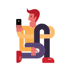 A man with a smartphone. A man takes a selfie. A man holds a smartphone in his hand. Vector illustration in flat style.