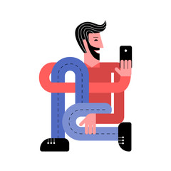 A man with a smartphone. A man takes a selfie. A man holds a smartphone in his hand. Vector illustration in flat style.
