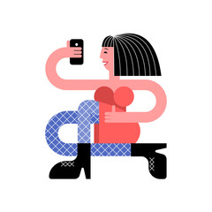 Girl with a smartphone. A girl makes a selfie. The girl is holding a smartphone in her hand. Vector illustration in flat style.