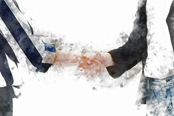 Abstract Join hands business concept and handshake concept on watercolor painting background.