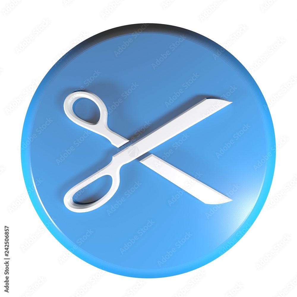Poster scissors icon blue push button - 3d rendering illustration