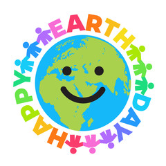 Happy Earth Day poster. Bright greeting text written around smiling cartoon globe. Happy cute funny Earth emoji. Vector illustration.