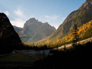Autumn sunrise in Dolomites mountains South Tyrol