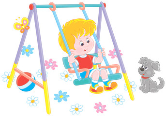 Smiling boy on a toy swing on a playground in a park, vector illustration in a cartoon style