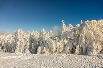 Fantastic winter mountain landscape glowing by sunlight