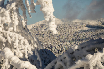 Fantastic winter mountain landscape glowing by sunlight