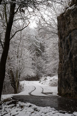 Snow-covered road park area