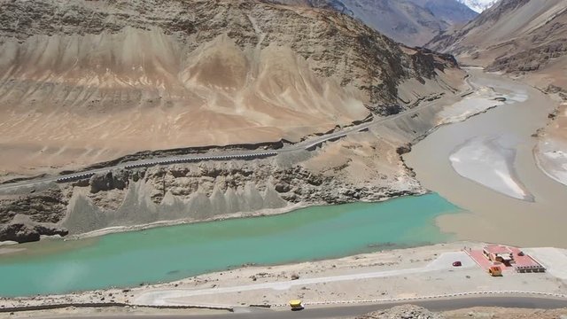 View of confluence of River Zanskar and River Indus in Ladakh, India