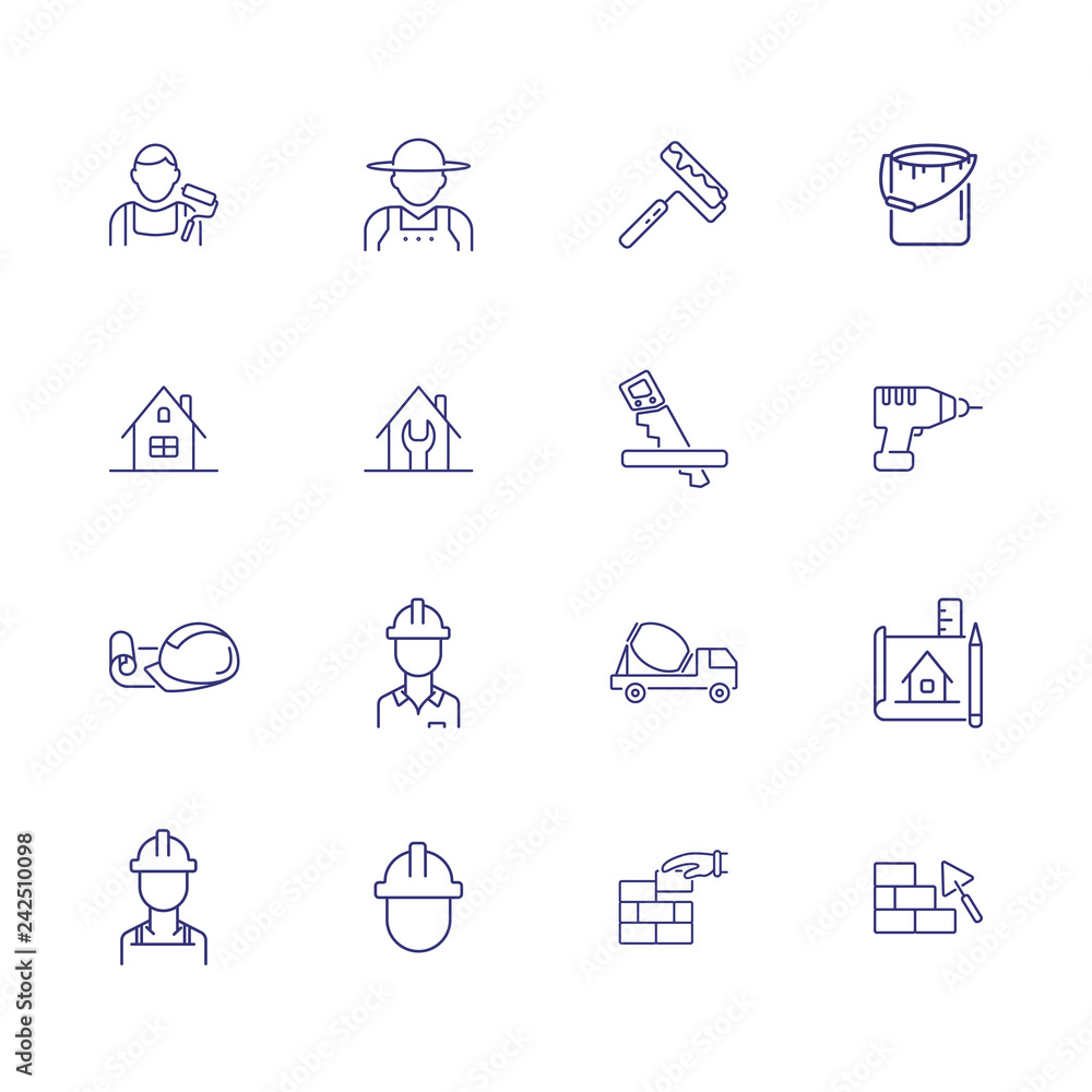 Wall mural Home repair line icon set. Decorator, contractor, hand tools. Construction concept. Can be used for topics like painting, brickwork, design project