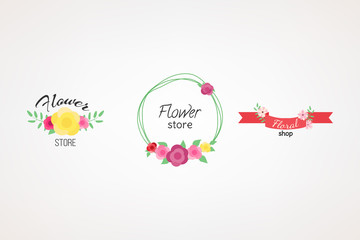 Bright logo for flower shop. Set of isolated flower symbols, logotypes or badges, icons and signs. Colored design elements for flower shop, store, boutique or florist.