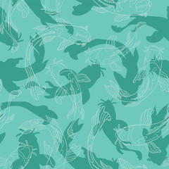 Blue green Koi fish cut outs layered with lineart silhouettes to create underwater shadow and depth effect. Seamless vector pattern.