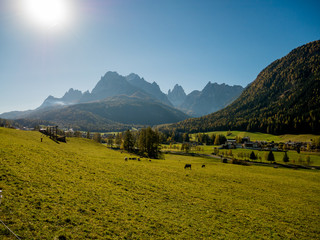 Aerial view of Sesto (Sexten) Dolomites mountains South Tyrol