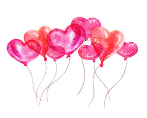 Red heart balloons. St. Valentines illustration. Hand drawn watercolor sketch
