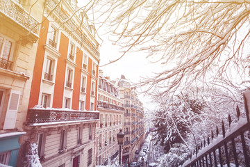Beautiful winter view of snow covered Paris city