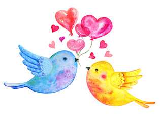 Love birds couple flying with heart balloons. Hand drawn watercolor illustration for St Valentine's day