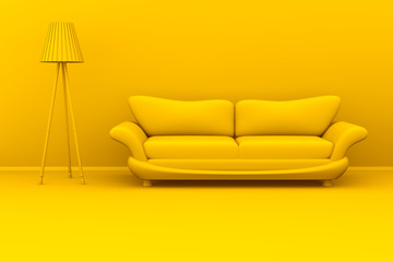 Yellow monochromatic 3d illustration of a lamp and a sofa in a room. - obrazy, fototapety, plakaty