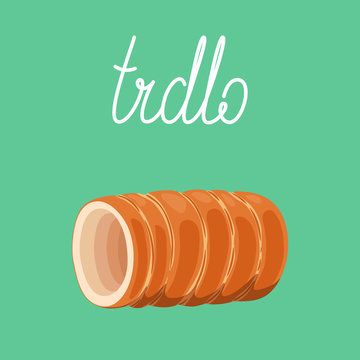Trdelnik - traditional european spit cake (trdlo, kurtoskalacs, baumkuchen). European street food. Vector hand drawn illustration.