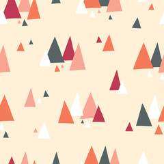Triangle mountains seamless vector pattern in scandinavian style. Decorative background with landscape elements. Abstract texture gray, coral, red, beige, white. Use for fabric, digital paper, decor.