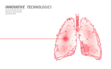 Human lungs laser surgery operation low poly. Medicine disease drug treatment painful area. Red triangles polygonal 3D render shape. Pharmacy tuberculosis cancer template vector illustration