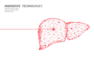 Human liver laser surgery operation low poly. Medicine disease drug treatment painful area. Red triangles polygonal 3D render shape. Pharmacy hepatitis cancer template vector illustration