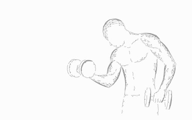 Strong sportsman with weight 3D polygonal abstract concept. Low poly fitness sport powerlifting body shape. Male dumbbell training strength athletic arm. Bodybuilding workout vector illustration