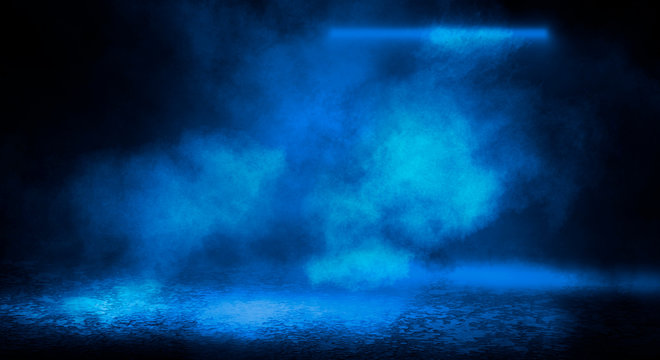 Blue misty dark background. Dark street with smoke, fog, blue spotlights, neon. Dark abstract empty background.