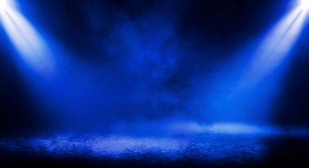 Blue misty dark background. Dark street with smoke, fog, blue spotlights, neon. Dark abstract empty...