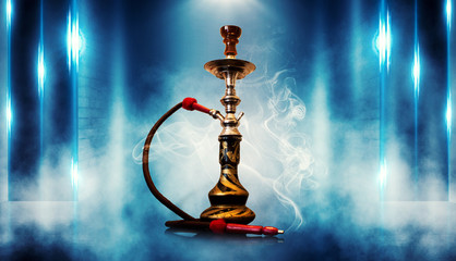 Smoking a hookah against a brick wall, concrete floor, ultraviolet neon light, smoke