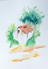 Watercolor hand painted farm house