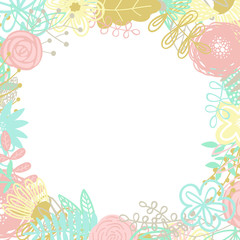 Fototapeta na wymiar Vector illustration of a circle frame made of hand-drawn floral elements. An image for decoration of cards, invitations and interiors, baby shower, prints, textile, children, girl