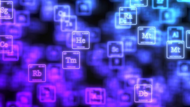 cloud of periodic elements table concept with glowing neon lines. 3d illustration