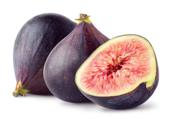 Isolated figs.  Two whole and half fresh figs isolated on white, with clipping path