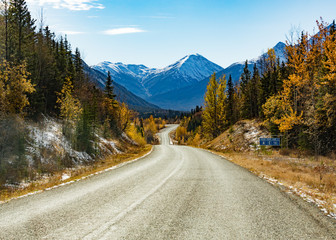 Late fall in the mountains around Stewart-Cassiar Highway 37 in Northern British Columbia, BC, Canada, just north of settlement of Good Hope Lake