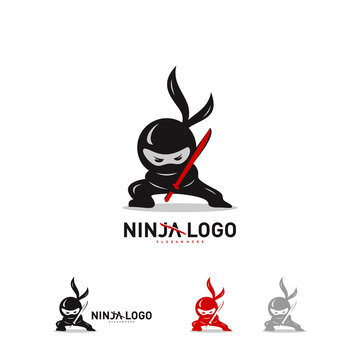 Ninja Warrior logo Design Vector Template. Silhouette of japanese fighter. - Vector