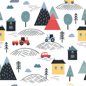 Scandinavian Style. Seamless Village Pattern With Cute Cars, Houses, Mountains.