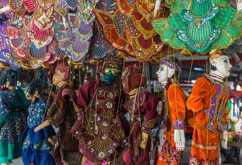 Traditional handicraft puppets sold in market, Myanmar
