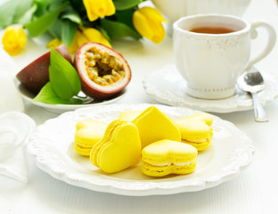 French pastry makaron.   Heart shape. Valentine's Day. Selective focus