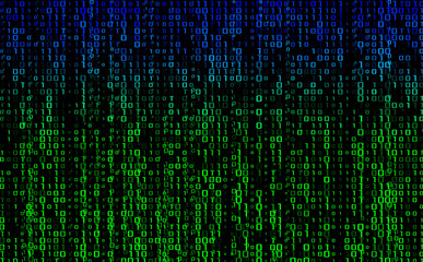 Stream binary matrix code on screen. computer matrix numbers. The concept of coding, crypto exchange, hacking or mining cryptocurrency in bitcoins.