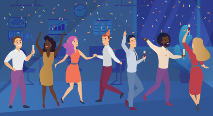 New year corporate party or birthday celebrating in office. Business team happy people celebrate vector illustration.