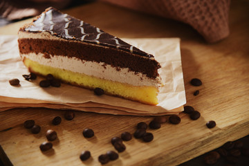 Slice of three-layer chocolate-coffee cake