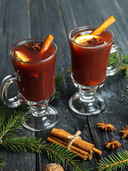 Winter cocktail mulled wine from home wine with spices and fruits
