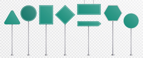 Realistic road signs. Green plate road direction signs templates set vector illustration.