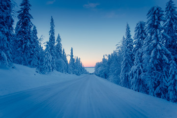 Winter road view from Sotkamo, Finland.