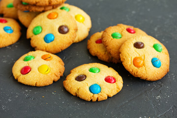 Shortbread cookie with multi-colored sweets and chocolate chips,
