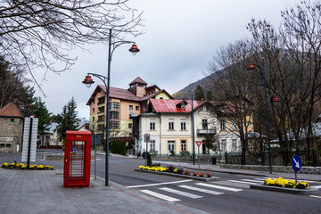 Fototapeta na wymiar Sinaia cityscape and street view, Prahova Valley, Romania.