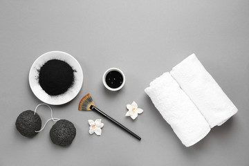 Composition with ingredients for facial mask on grey background