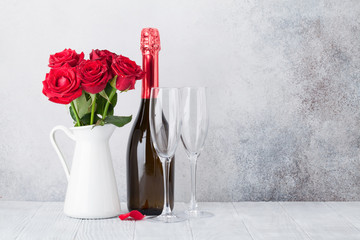 Valentine's day greeting card with roses and champagne